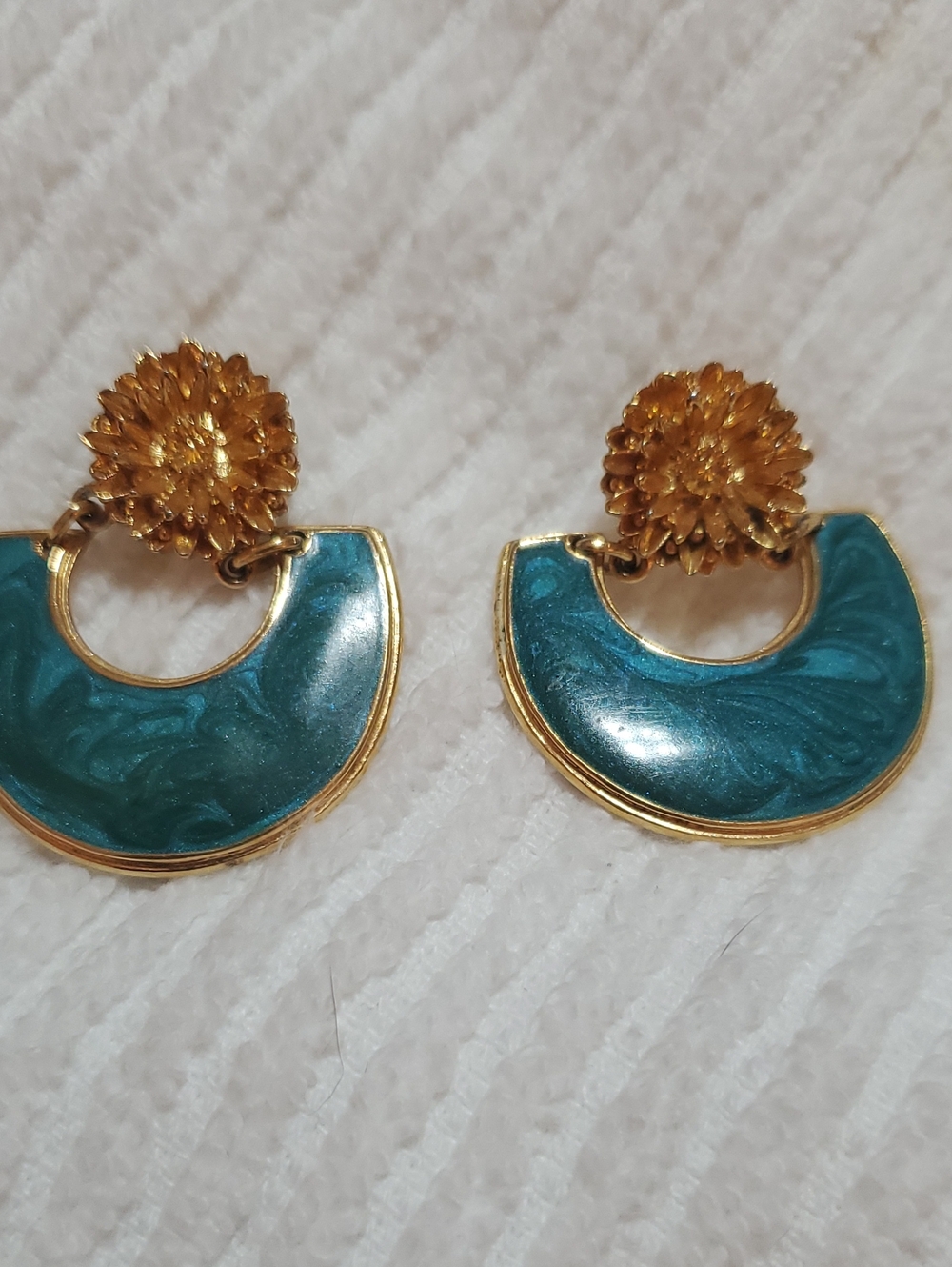 Vintage Edgar Berebi Earrings featuring Floral Teal Enamel Drop Hoops